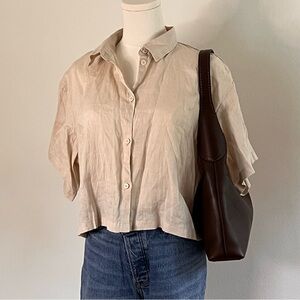 H&M Tan Cream Boxy Crop Button Down 100% Linen Shirt